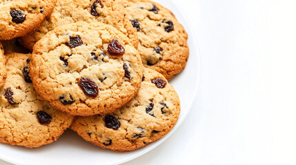 Golden Raisin Cookies on a Plate: Capturing the warmth of freshly baked cookies, these golden raisin cookies rest invitingly on a pristine white plate. The soft.