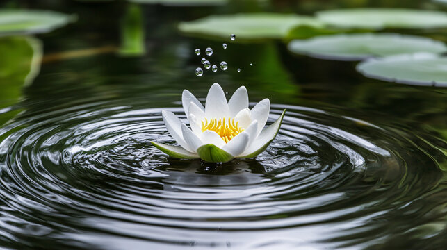 Serene Water Lily: A pristine white water lily floats gracefully upon a pond's surface, its delicate petals contrasting with the surrounding ripples and droplets, creating a sense of tranquility.