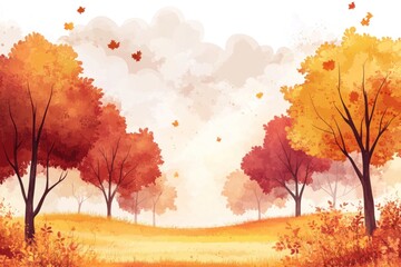 Fototapeta premium An illustration of beautiful autumnal trees and falling leaves in nature
