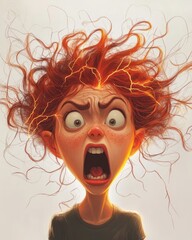 Frazzled Woman with Electrified Hair: Funny Cartoon Character Screaming in Stress