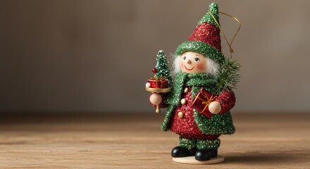 Festive Christmas Elf Figurine with Gifts Wooden Ornament Holiday Decoration