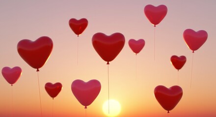 Romantic Red Heart Balloons Floating at Sunset Valentine s Day Love Concept