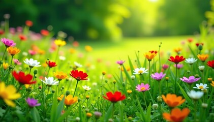 Fototapeta premium Lush green meadow filled with a variety of colorful wildflowers in full bloom during summer, vibrant, field