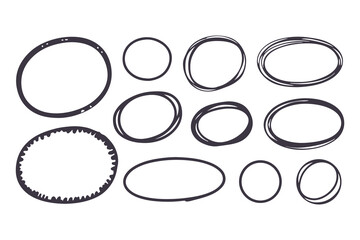 Hand-Drawn Ink Circles and Ovals Set Sketchy, Imperfect Doodle Style with Varying Sizes and Proportions, Casual Marker-Like Strokes for Artistic and Organic Designs