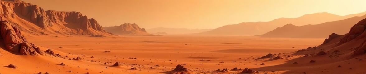 Mars' vast red desert stretches as far as the eye can see, with towering rust-colored mountains and craters dotting the landscape, Mars,  realistic