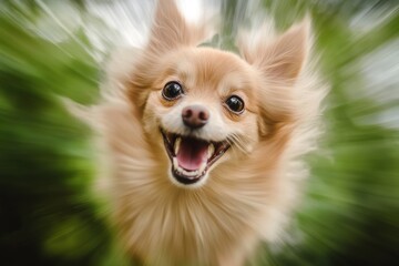 Happy small dog playing outdoors in lush green surroundings during a sunny day