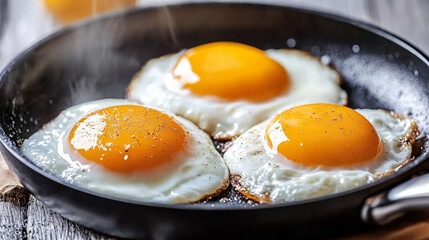 Golden yolk sunny-side-up: capturing the delicious sight of perfectly cooked eggs in a pan. It evokes the pleasure of a classic breakfast.