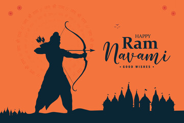 Happy ram navami good wishes social media post or banner vector design with god ram bow silhouette, and temple