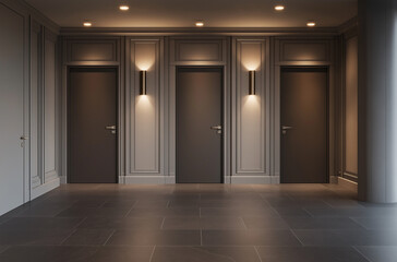 Warm gray wall panels with soft illumination create a dark gradient backdrop exuding elegant ambiance