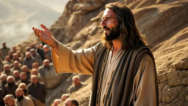 Jesus Christ our Savior preaching to the crowd by parables on a hilltop 4K