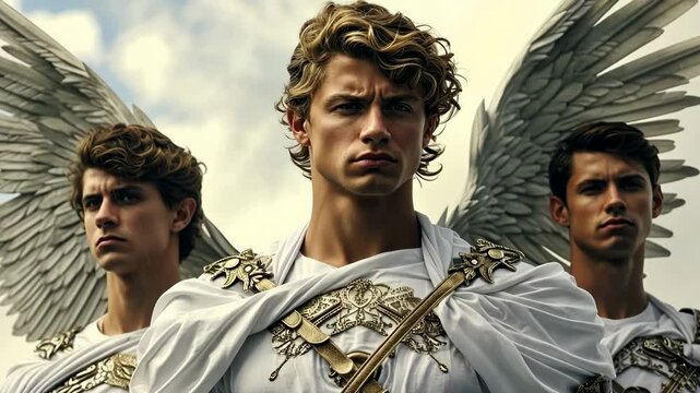 Three Angels dressed in white in the clouds in the sky they have an urgent message to proclaim 4K
