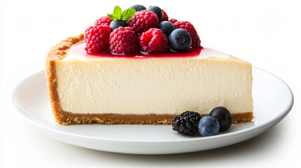 Berry Cheesecake Delight: Indulge in a slice of creamy cheesecake topped with fresh, vibrant berries on a pristine plate, a culinary masterpiece of dessert.