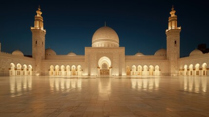 Obraz premium Grand Mosque at Night: Illuminated Architecture and Reflections