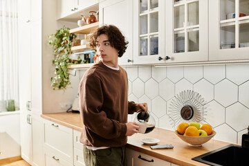 Curly-haired student brews coffee in modern apartment kitchen setting