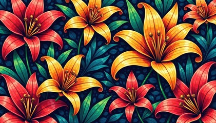 Obraz premium Intricate line art lilies form a bold, geometric floral repeat , background, intricate, line art