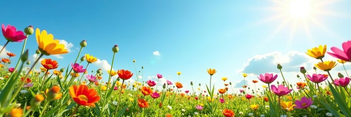 Obraz premium Meadow with colorful wild flowers under sunny sky in summertime, nature, generative AI