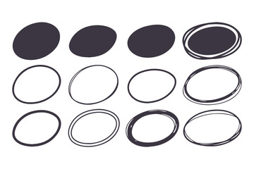 Hand-Drawn Ink Circles and Ovals Set Sketchy, Imperfect Doodle Style with Varying Sizes and Proportions, Casual Marker-Like Strokes for Artistic and Organic Designs