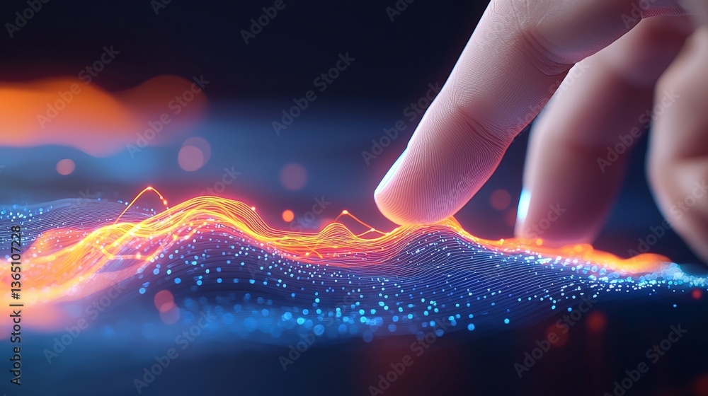 Poster a close-up of a finger touching a glowing digital wave, symbolizing technology, innovation, and inte