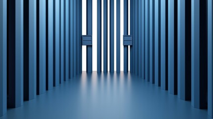 Criminal Law Restrictions concept. Abstract blue interior with vertical lines and bright light.