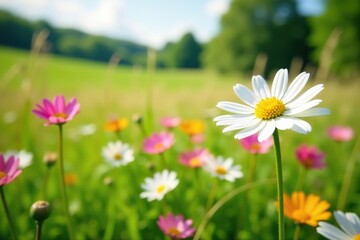 Meadow with white and pink daisy flowers in sunny Estonian landscape,  early summer,  blooming