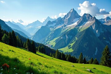 Obraz premium Lush green meadows and snow-capped peaks of the Austrian Alps provide a breathtaking backdrop for hiking adventures, Europe, mountains