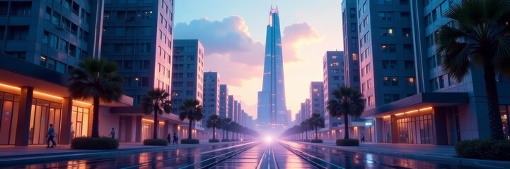 A futuristic skyscraper towering over an empty city street, pavement, skyline, empty