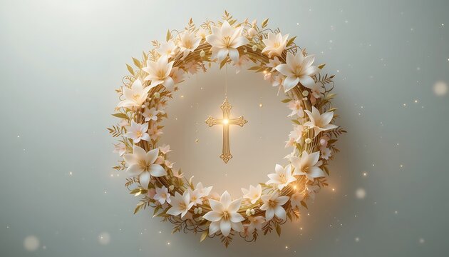 Elegant Floral Wreath with Golden Cross, Perfect for Religious or Spring Design