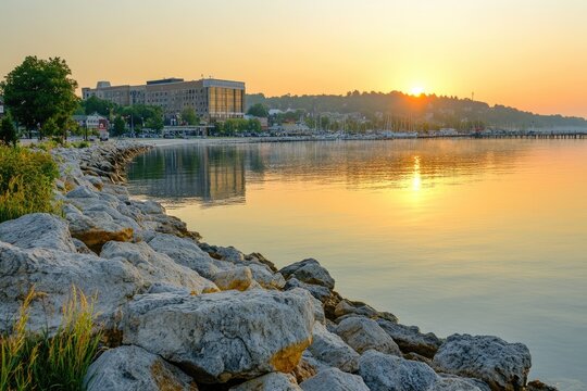 Grand Traverse Bay Sunrise. Coastal Morning in Downtown Traverse City, Michigan
