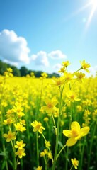Obraz premium Lush field of mustard plants in vibrant yellow blooms under sunny sky, mustard plants, landscape