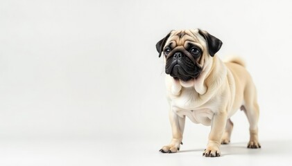 Obraz premium One wrinkly pug against bright white backdrop, dog, brown