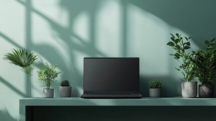 Laptop on Cube Minimalist Product Shot: Black Laptop Displayed on Simple, Modern Cube Surface