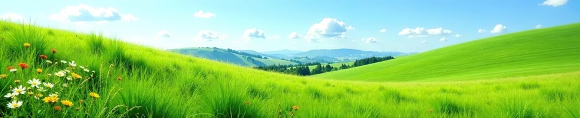 Obraz premium Lush green meadow with wildflowers and rolling hills under a clear blue sky, outdoors, grassland