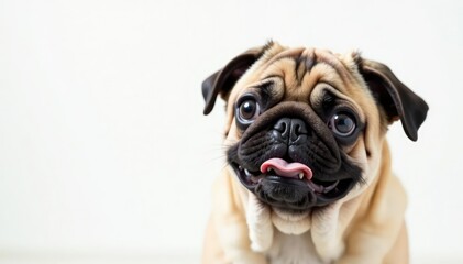 Playful pug looking directly at camera, white background, playful, camera, funny