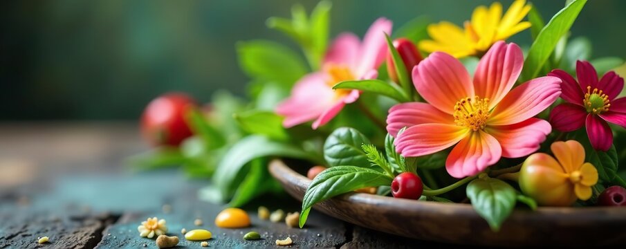 Selective focus on vibrant edible flowers and delicate micro herbs, showcasing their natural beauty and pop of colors,  colorful,  botanical