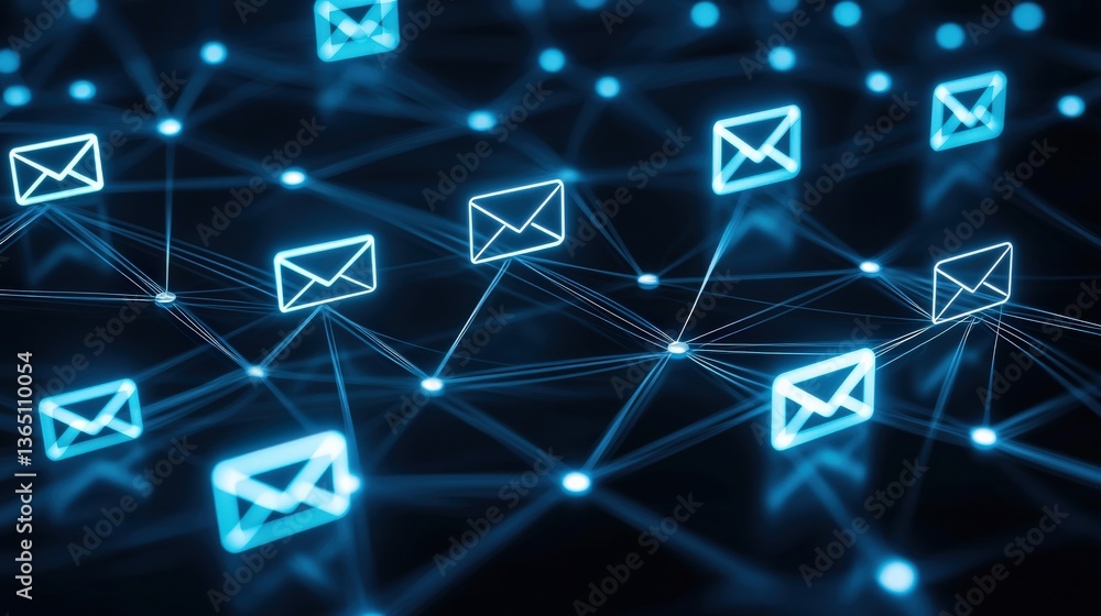 Poster a surreal depiction of email icons circulating around a global network interface