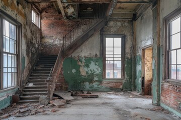 Interior of an abandoned building with staircase and peeling paint on the walls. Showcases decay, perfect for urban exploration, history, or renovation concepts.