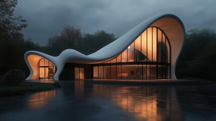 Modern Curved White House at Night with Warm Interior Lighting