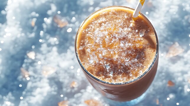 A chocolate orange milkshake surrounded by shimmering snowy crystals