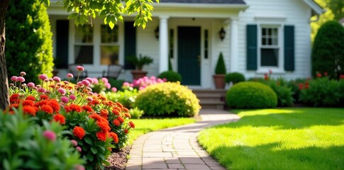 Lush front yard garden with colorful decorative plants and flowers, perfect for advertising space,  outdoor,  garden