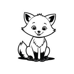 A black and white vector silhouette of a baby fox looking over its shoulder with a sweet, happy face on a white background