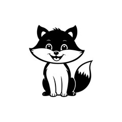 A sleek black and white vector illustration of a baby fox sitting with its tail wrapped around and a warm smile on a white background