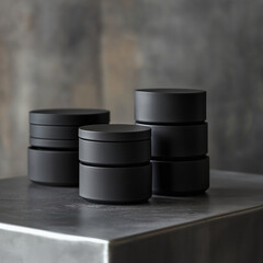 Matte black ceramic food storage jars stacked elegantly, merging minimalist design with efficient kitchen organization