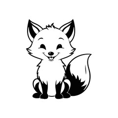 A simple black and white vector illustration of a baby fox standing on its hind legs with a charming smile on a white background