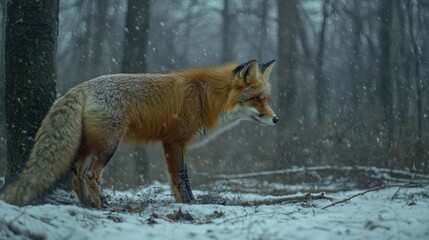Obraz premium Majestic Fox Stands in Snowy Forest During Winter Snowfall