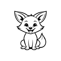 A black and white vector silhouette of a baby fox curled up with a content and happy face on a white background