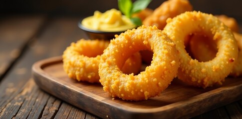Close-up shot of beer battered onion rings, cheese sticks, and jalapeno poppers on rustic wooden tray, food, close-up, tray