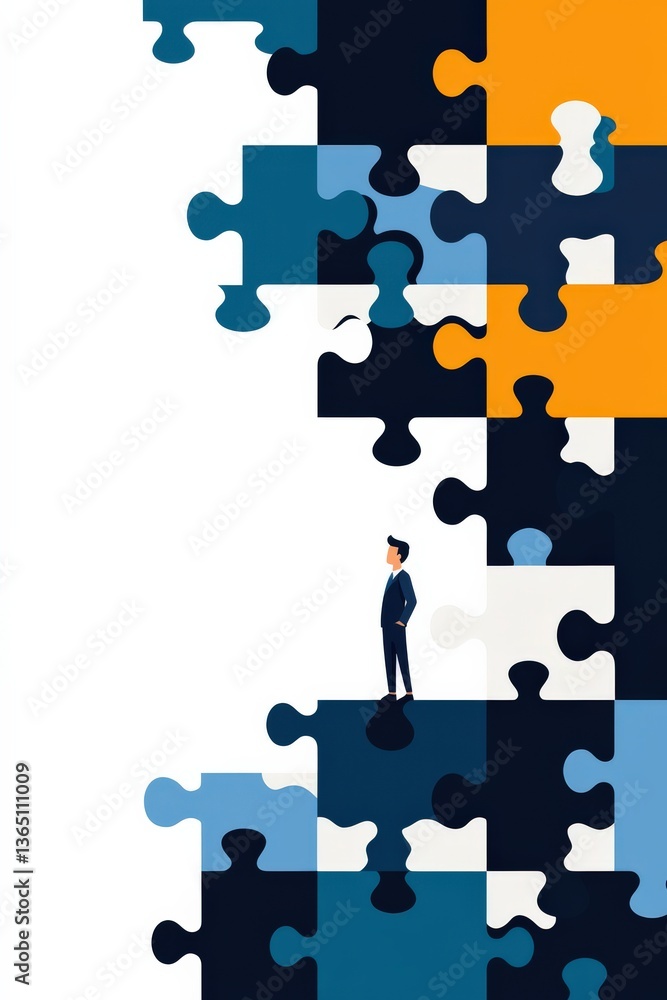 Poster a surreal representation of business strategies visualized through interconnected puzzle pieces