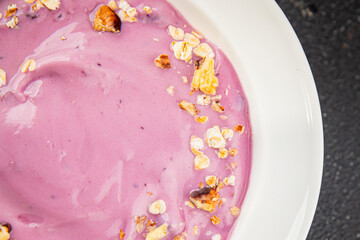 Yogurt berry healthy breakfast fresh delicious gourmet food background on the table rustic food top view copy space keto and paleo diet