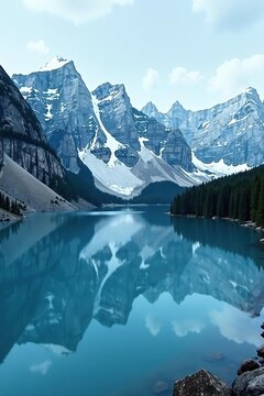 Serene blue lake reflecting towering snow-capped mountains, ideal for travel photography or landscape backgrounds,  pristine,  landscape