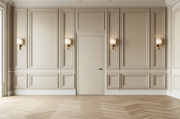 Soft beige wall panels with embedded LED light wood elements offer a warm, ambient glow and subtle modern charm.